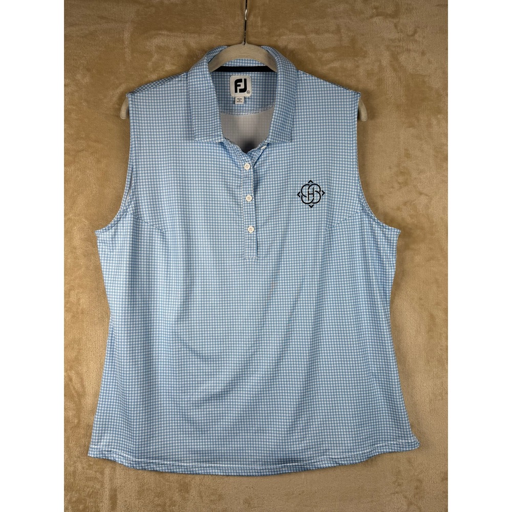 FootJoy Womens XL Sleeveless Golf Polo Blue White Houndstooth Performance Top